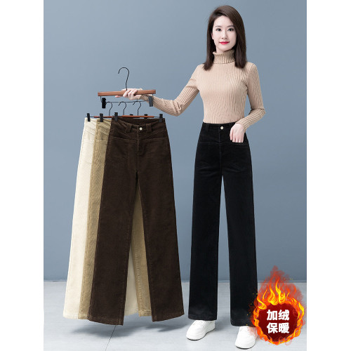 加絨燈芯絨褲子女新款窄版直筒長褲冬季休閒褲復古衛褲垂感濶腿褲