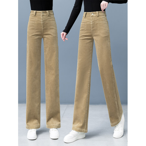 加絨燈芯絨褲子女新款窄版直筒長褲冬季休閒褲復古衛褲垂感濶腿褲