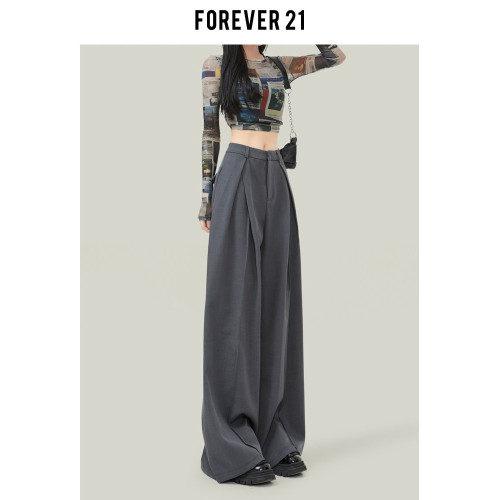 Forever 21灰色西裝褲女夏季垂感窄版直筒褲小個子高腰濶腿休閒褲