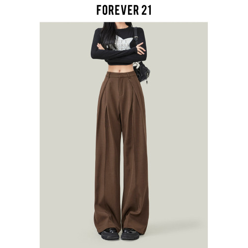 Forever 21灰色西裝褲女夏季垂感窄版直筒褲小個子高腰濶腿休閒褲