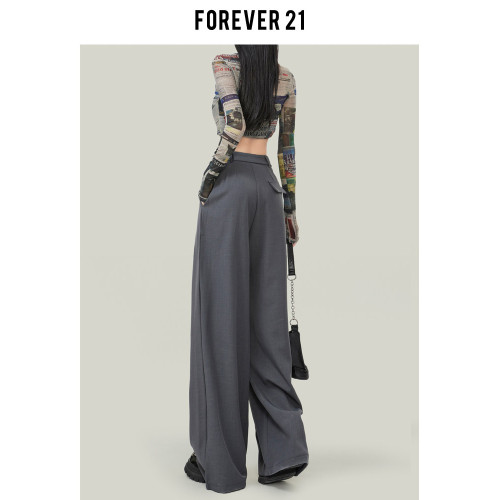 Forever 21灰色西裝褲女夏季垂感窄版直筒褲小個子高腰濶腿休閒褲