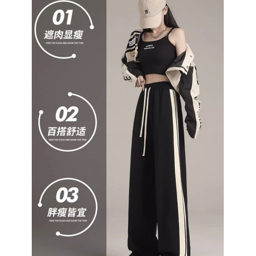 300斤胖mm大碼撞色加絨運動褲女秋冬高腰寬鬆垂感休閒濶腿長褲子2