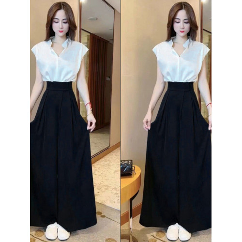 單件/套裝 2026夏新款名媛風氣質立領飛飛袖上衣濶腿褲長褲兩件套