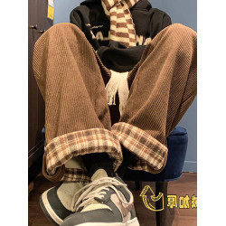 胖mm女大碼燈芯絨格子秋冬季新款加厚加絨褲子女休閒棉褲濶腿工裝