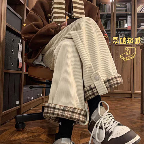 胖mm女大碼燈芯絨格子秋冬季新款加厚加絨褲子女休閒棉褲濶腿工裝