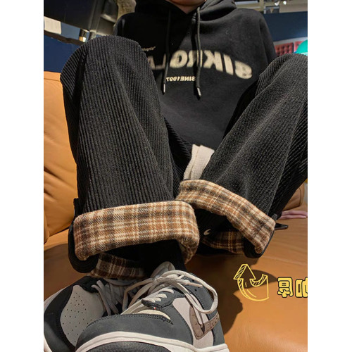 胖mm女大碼燈芯絨格子秋冬季新款加厚加絨褲子女休閒棉褲濶腿工裝