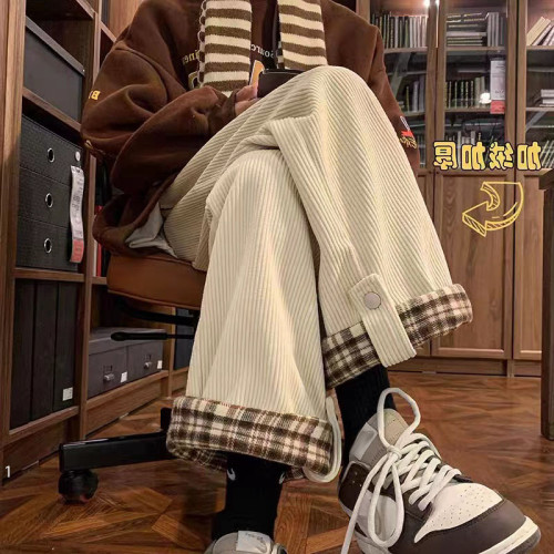 胖mm女大碼燈芯絨格子秋冬季新款加厚加絨褲子女休閒棉褲濶腿工裝