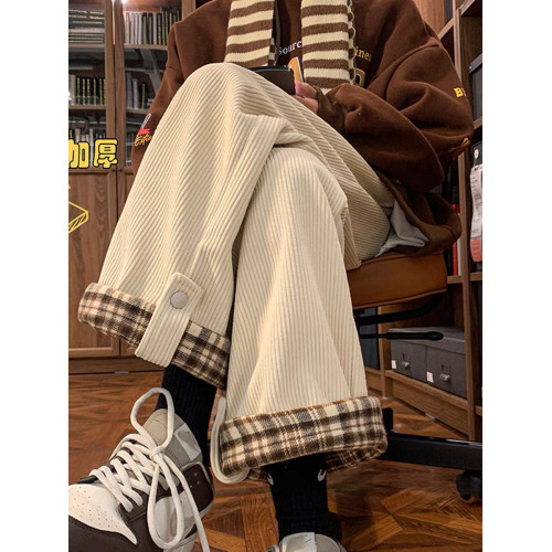 胖mm女大碼燈芯絨格子秋冬季新款加厚加絨褲子女休閒棉褲濶腿工裝