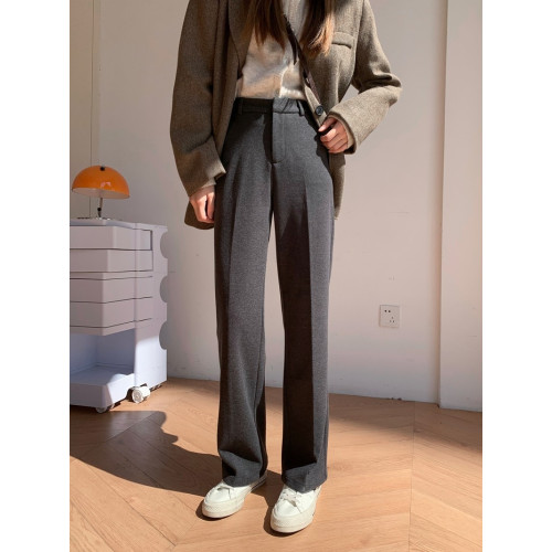 毛呢窄版濶腿褲女2025秋冬高腰顯瘦直筒拖地褲加厚休閒西裝長褲