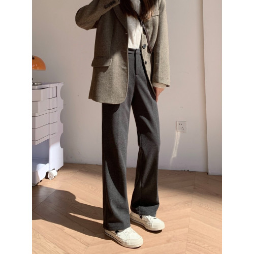 毛呢窄版濶腿褲女2025秋冬高腰顯瘦直筒拖地褲加厚休閒西裝長褲