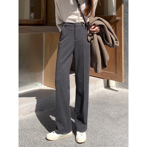 毛呢窄版濶腿褲女2025秋冬高腰顯瘦直筒拖地褲加厚休閒西裝長褲