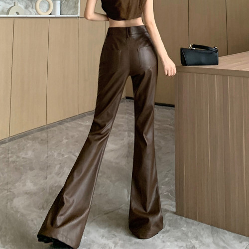 微喇褲女2025秋冬新款韓版時尚洋氣復古PU皮褲百搭高腰顯瘦喇叭褲