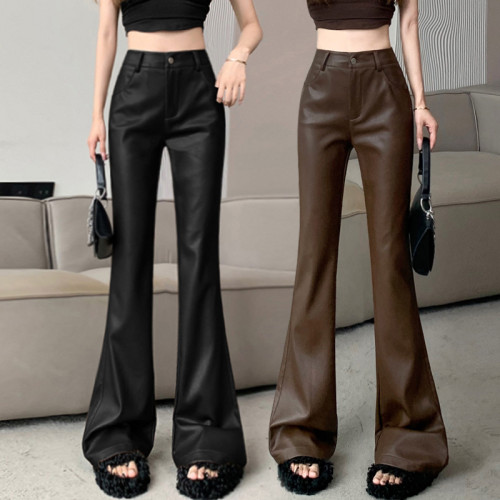 微喇褲女2025秋冬新款韓版時尚洋氣復古PU皮褲百搭高腰顯瘦喇叭褲