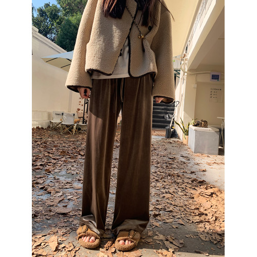 2024秋冬季加絨美拉德棕色百搭寬鬆金絲絨濶腿褲顯瘦垂感拖地褲女