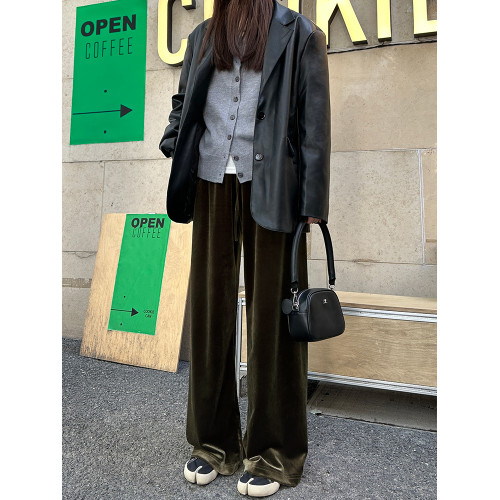 2024秋冬季加絨美拉德棕色百搭寬鬆金絲絨濶腿褲顯瘦垂感拖地褲女