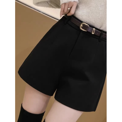 大碼胖mm黑色毛呢短褲女春秋外穿打底靴褲高腰寬鬆顯瘦a字濶腿褲