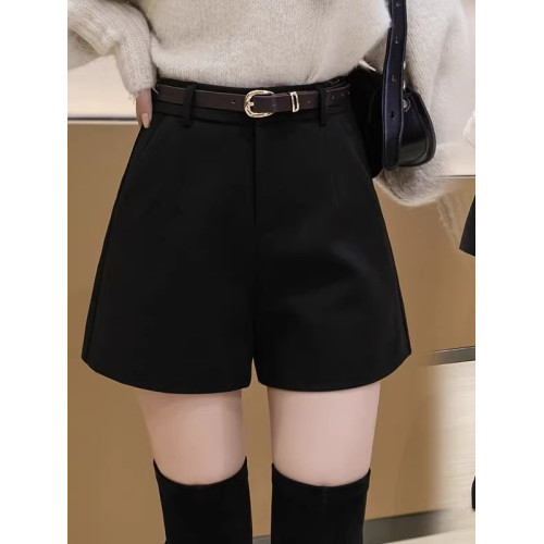 大碼胖mm黑色毛呢短褲女春秋外穿打底靴褲高腰寬鬆顯瘦a字濶腿褲