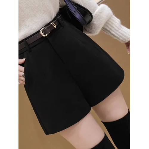 大碼胖mm黑色毛呢短褲女春秋外穿打底靴褲高腰寬鬆顯瘦a字濶腿褲