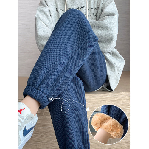 華夫格運動褲女秋冬季加絨加厚羊羔絨直筒小個子寬鬆束腳休閒衛褲