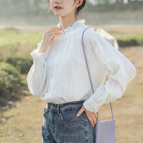 木耳邊襯衫女設計感小衆2026春秋新款白色長袖襯衣內搭打底上衣女
