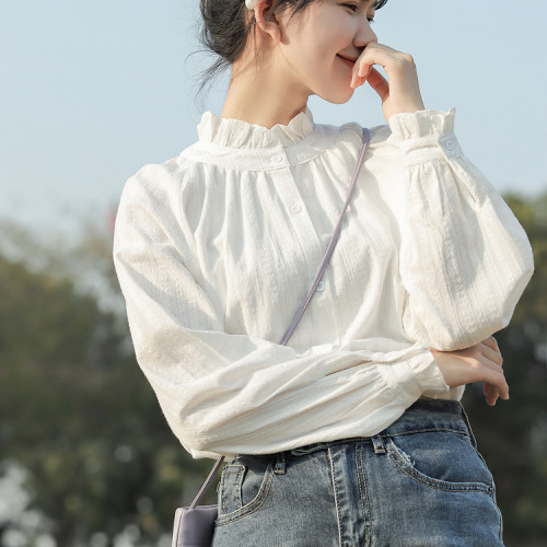 木耳邊襯衫女設計感小衆2026春秋新款白色長袖襯衣內搭打底上衣女