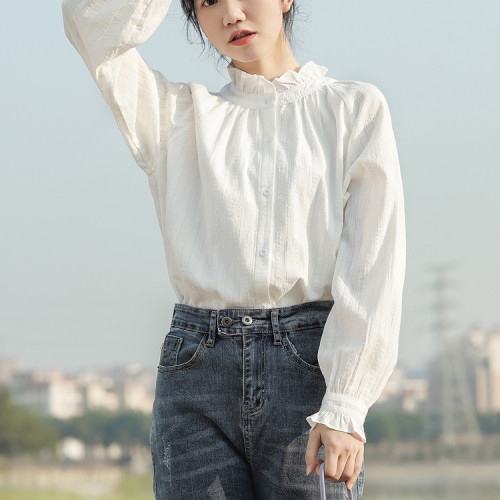 木耳邊襯衫女設計感小衆2026春秋新款白色長袖襯衣內搭打底上衣女
