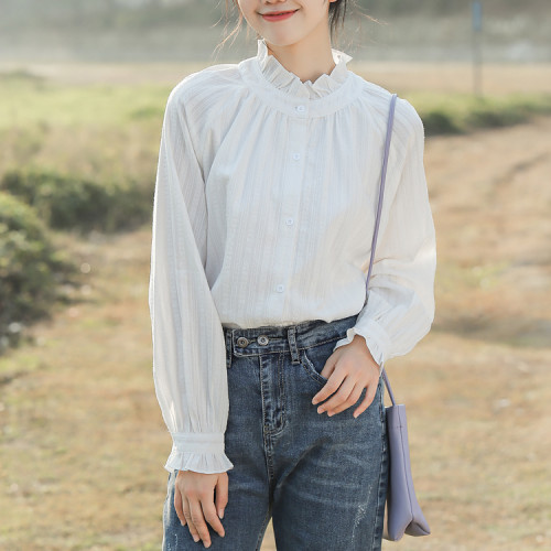 木耳邊襯衫女設計感小衆2026春秋新款白色長袖襯衣內搭打底上衣女