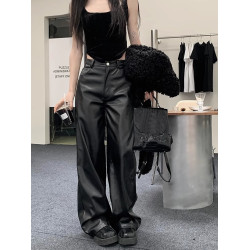 高級感黑色pu皮休閒褲女秋冬大碼高腰垂感直筒褲子皮褲濶腿褲長褲