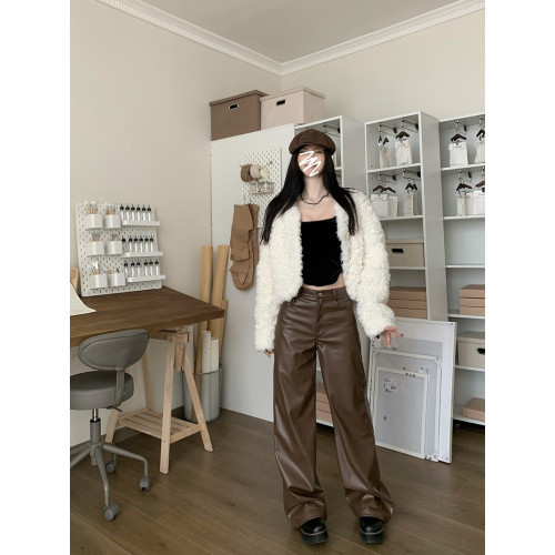 高級感黑色pu皮休閒褲女秋冬大碼高腰垂感直筒褲子皮褲濶腿褲長褲