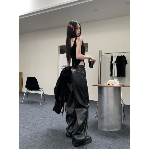 高級感黑色pu皮休閒褲女秋冬大碼高腰垂感直筒褲子皮褲濶腿褲長褲