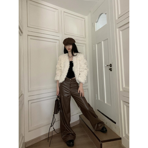 高級感黑色pu皮休閒褲女秋冬大碼高腰垂感直筒褲子皮褲濶腿褲長褲