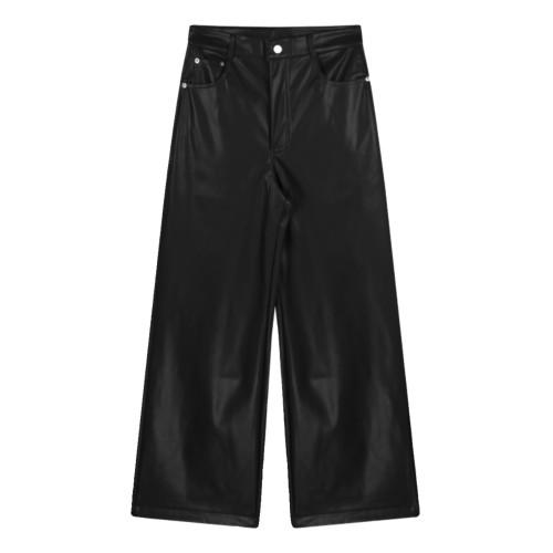 高級感黑色pu皮休閒褲女秋冬大碼高腰垂感直筒褲子皮褲濶腿褲長褲