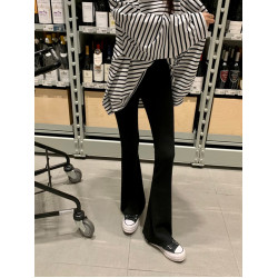 韓國東大門2026春秋新款時髦高腰坑條修身微喇叭褲女休閒螺紋長褲