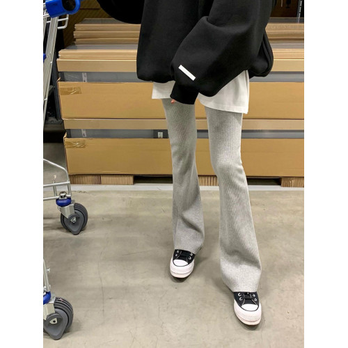 韓國東大門2026春秋新款時髦高腰坑條修身微喇叭褲女休閒螺紋長褲 韓國東大門2026春秋新款時髦高腰坑條修身微喇叭褲女休閒螺紋長褲