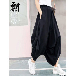 春夏新款七分濶腿燈籠褲女士顯瘦不規則垮褲吊襠哈倫褲子時尚裙褲