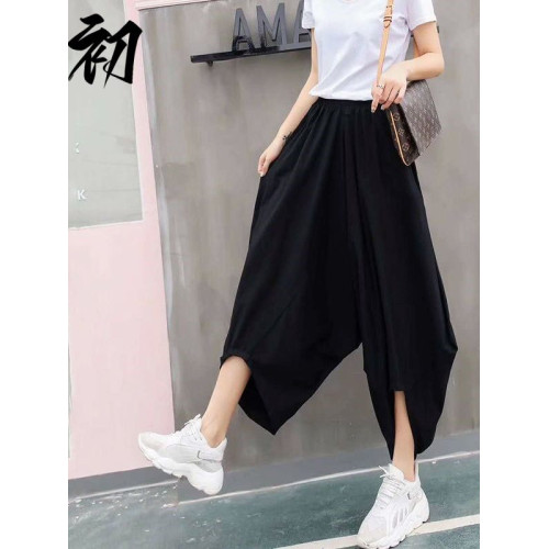 春夏新款七分濶腿燈籠褲女士顯瘦不規則垮褲吊襠哈倫褲子時尚裙褲