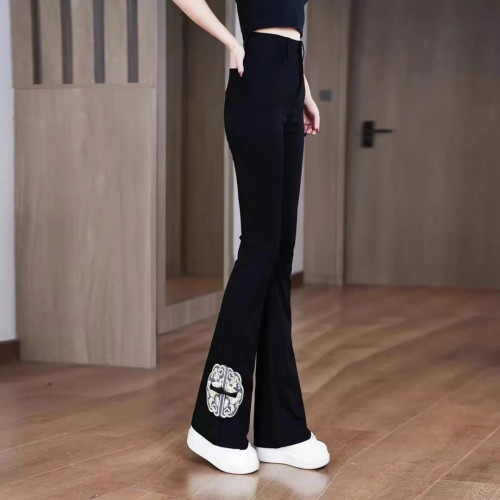 夏季新款時尚新中式國風盤釦微喇叭褲高腰顯瘦休閒開叉濶腿褲長褲