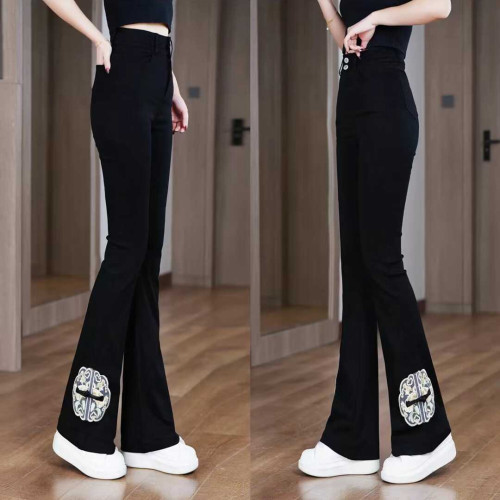 夏季新款時尚新中式國風盤釦微喇叭褲高腰顯瘦休閒開叉濶腿褲長褲