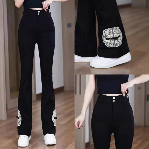 夏季新款時尚新中式國風盤釦微喇叭褲高腰顯瘦休閒開叉濶腿褲長褲