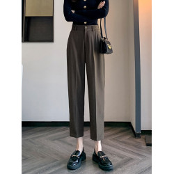 松緊腰咖色西裝褲女春秋季高腰寬鬆直筒小個子八分九分哈倫菸琯褲