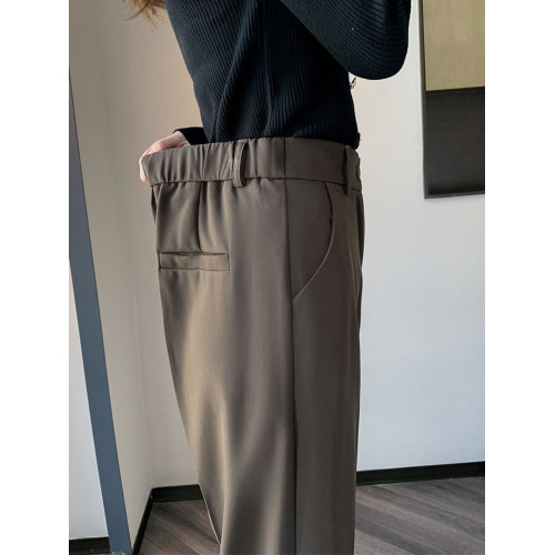 松緊腰咖色西裝褲女春秋季高腰寬鬆直筒小個子八分九分哈倫菸琯褲