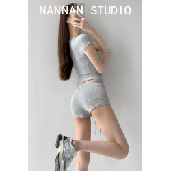 街拍辣妹低腰緊身高腰運動短褲女外穿夏季顯瘦灰色修身翹臀熱褲潮