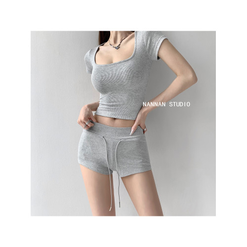 街拍辣妹低腰緊身高腰運動短褲女外穿夏季顯瘦灰色修身翹臀熱褲潮