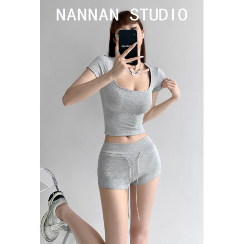 街拍辣妹低腰緊身高腰運動短褲女外穿夏季顯瘦灰色修身翹臀熱褲潮