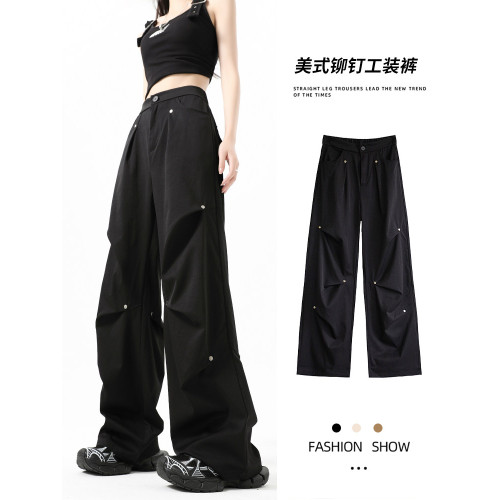 黑色美式工裝褲女夏季薄款設計感高腰顯瘦小個子直筒休閒濶腿褲