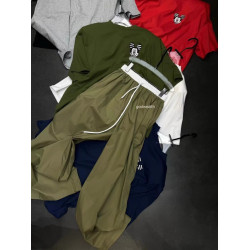 韓國東大門撞色休閒運動褲女夏季抽繩高腰垂感拖地直筒寬鬆濶腿褲