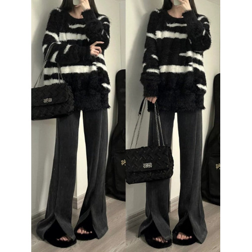 雪尼爾濶腿褲女秋冬燈芯絨美式開叉微喇叭加長拖地褲高個子超長版