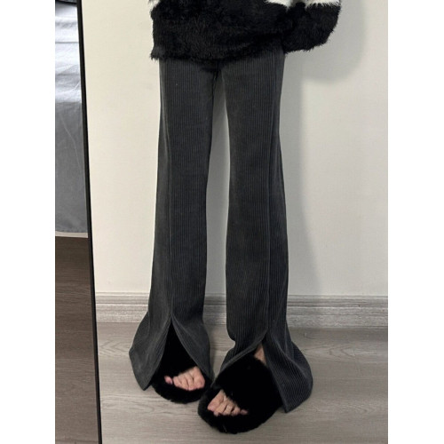 雪尼爾濶腿褲女秋冬燈芯絨美式開叉微喇叭加長拖地褲高個子超長版