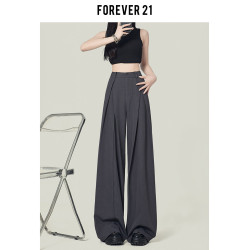 Forever 21灰色褶皺西裝濶腿休閒褲女夏小個子百搭顯高直筒拖地褲