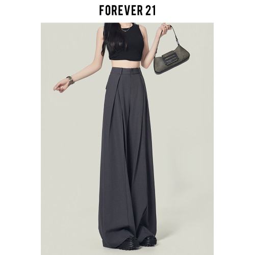 Forever 21灰色褶皺西裝濶腿休閒褲女夏小個子百搭顯高直筒拖地褲